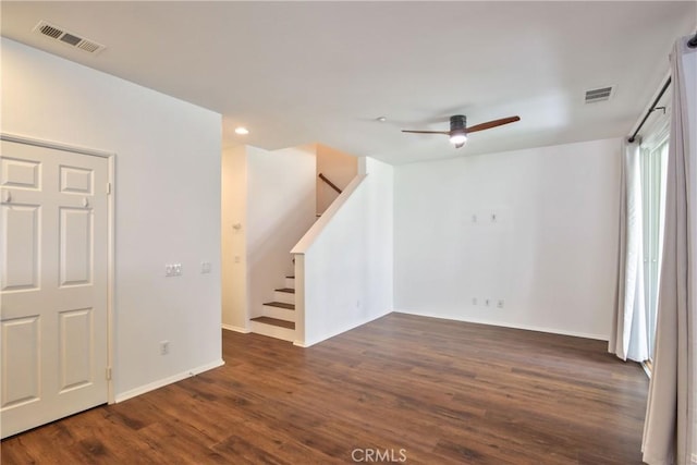 44939 Bellflower Ln Unit 118, Temecula, CA 92592 - unfurnished room with dark wood-style flooring, a ceiling fan, stairway, and recessed lighting