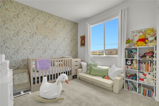 26149 Park Ave Unit 38, Loma Linda, CA 92354 - carpeted bedroom featuring a crib and wallpapered walls