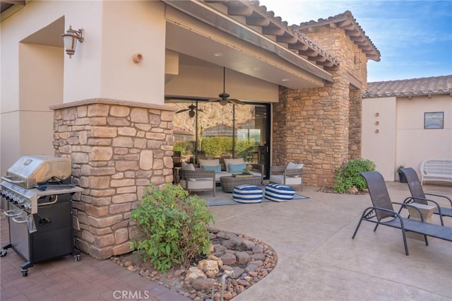 46614 Bradshaw Trl, La Quinta, CA 92253 - view of patio / terrace featuring a grill, ceiling fan, and an outdoor living space