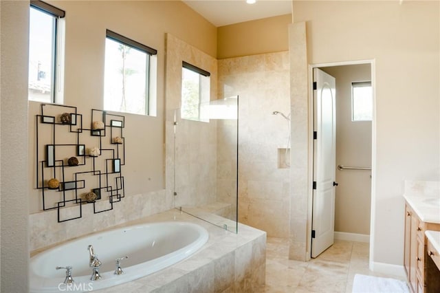46614 Bradshaw Trl, La Quinta, CA 92253 - full bathroom with vanity, a bath, healthy amount of natural light, and walk in shower