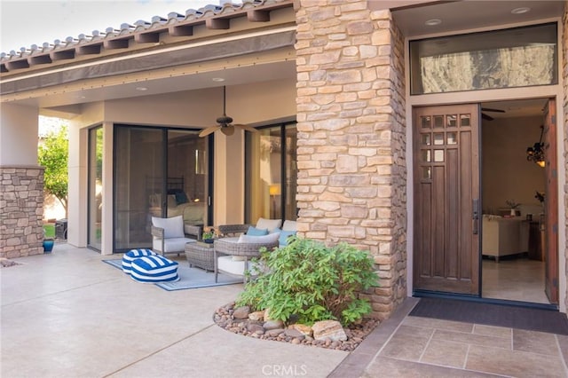 46614 Bradshaw Trl, La Quinta, CA 92253 - property entrance with ceiling fan and a patio area