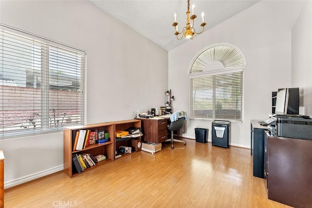 19080 Shakespeare Dr, Walnut, CA 91789 - office area with a chandelier, light wood-style flooring, and high vaulted ceiling