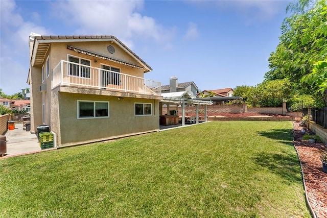 19080 Shakespeare Dr, Walnut, CA 91789 - rear view of property with stucco siding, a balcony, a fenced backyard, a patio area, and a pergola