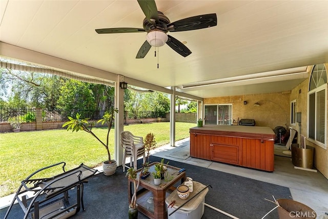 19080 Shakespeare Dr, Walnut, CA 91789 - fenced backyard with a hot tub, a patio area, and ceiling fan