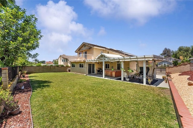 19080 Shakespeare Dr, Walnut, CA 91789 - rear view of property featuring stucco siding, a hot tub, a fenced backyard, a patio area, and a pergola