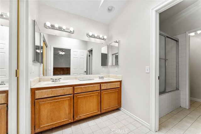 19080 Shakespeare Dr, Walnut, CA 91789 - full bathroom with tile patterned flooring, double vanity, a shower with door, and a ceiling fan