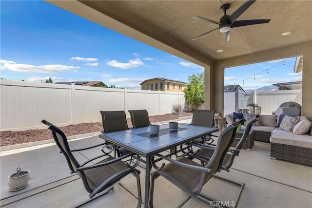 1511 Asteroid Way, Beaumont, CA 92223 - fenced backyard with outdoor dining space, a patio, a shed, ceiling fan, and outdoor lounge area
