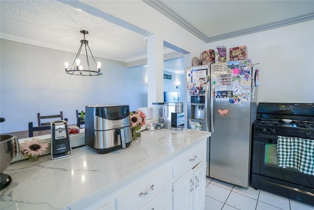 18934 San Bernardino Ave, Bloomington, CA 92316 - kitchen with black gas stove, stainless steel fridge with ice dispenser, ornamental molding, white cabinets, and light stone counters