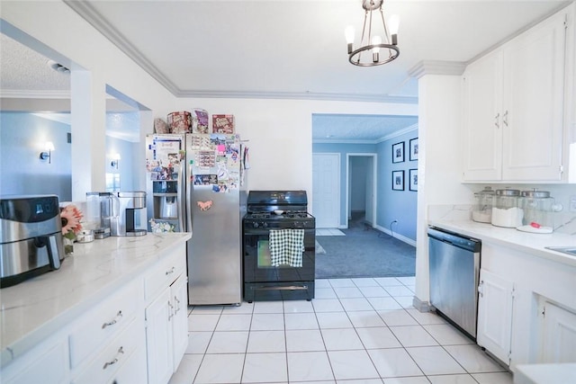 18934 San Bernardino Ave, Bloomington, CA 92316 - kitchen featuring appliances with stainless steel finishes, crown molding, light carpet, white cabinetry, and light tile patterned floors