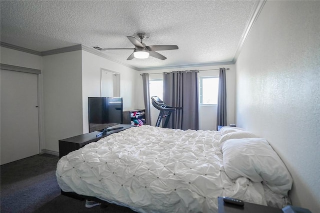 18934 San Bernardino Ave, Bloomington, CA 92316 - carpeted bedroom with ornamental molding, a textured ceiling, and a ceiling fan