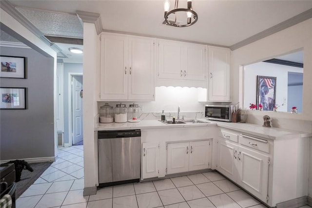 18934 San Bernardino Ave, Bloomington, CA 92316 - kitchen with appliances with stainless steel finishes, light countertops, white cabinets, light tile patterned floors, and ornamental molding