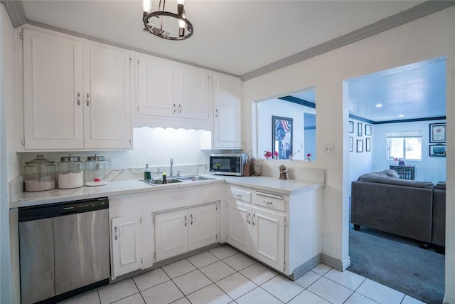 18934 San Bernardino Ave, Bloomington, CA 92316 - kitchen featuring appliances with stainless steel finishes, light tile patterned floors, white cabinets, crown molding, and open floor plan