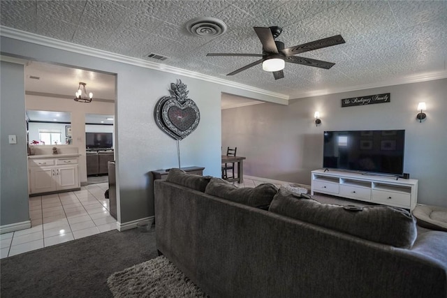 18934 San Bernardino Ave, Bloomington, CA 92316 - living area with crown molding, ceiling fan, light tile patterned floors, light carpet, and a chandelier