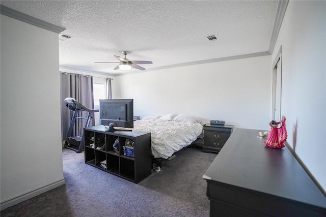 18934 San Bernardino Ave, Bloomington, CA 92316 - carpeted bedroom featuring a textured ceiling, ornamental molding, and ceiling fan