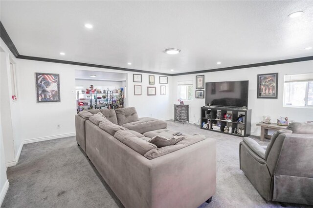 18934 San Bernardino Ave, Bloomington, CA 92316 - carpeted living area with crown molding, healthy amount of natural light, and recessed lighting