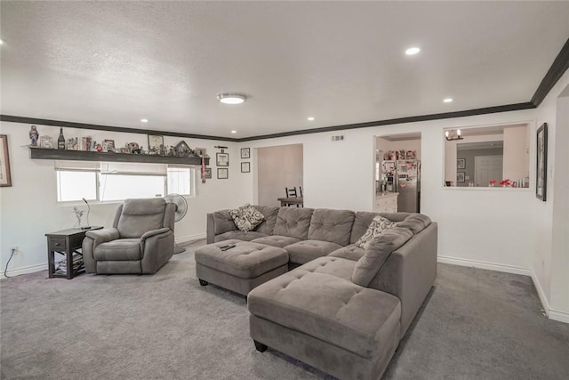 18934 San Bernardino Ave, Bloomington, CA 92316 - living room featuring crown molding, carpet, and recessed lighting