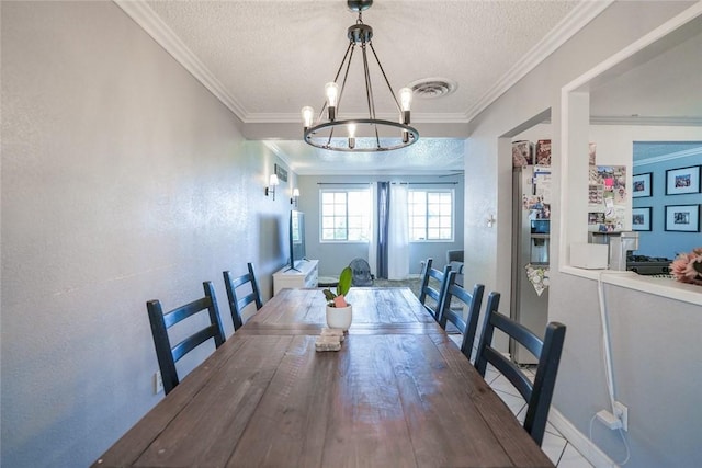 18934 San Bernardino Ave, Bloomington, CA 92316 - dining room with a chandelier, a textured ceiling, and crown molding