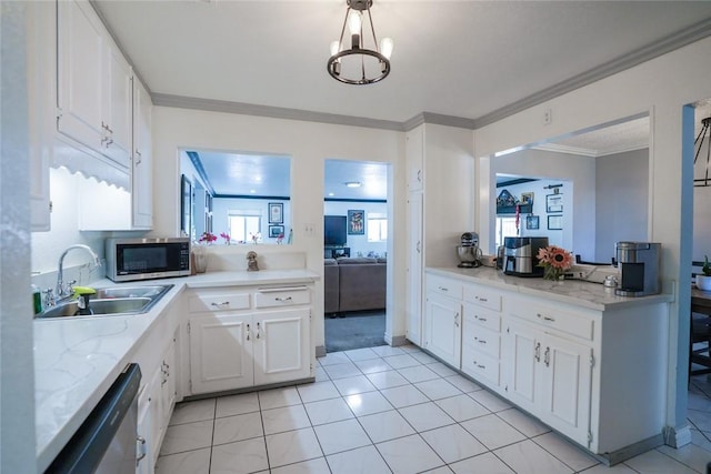 18934 San Bernardino Ave, Bloomington, CA 92316 - kitchen featuring stainless steel appliances, white cabinetry, ornamental molding, a chandelier, and light stone counters