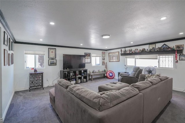 18934 San Bernardino Ave, Bloomington, CA 92316 - living room featuring ornamental molding, carpet flooring, a textured ceiling, and recessed lighting
