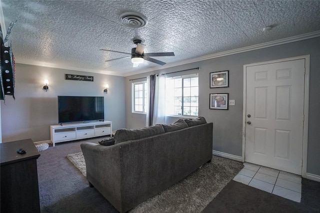 18934 San Bernardino Ave, Bloomington, CA 92316 - tiled living room with crown molding, ceiling fan, and a textured ceiling
