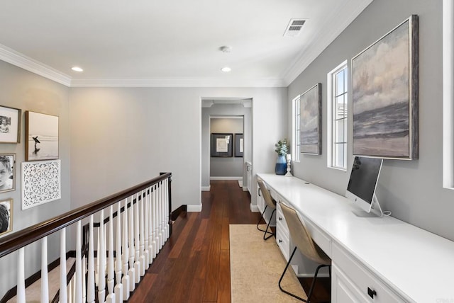 6257 Alverton, Carlsbad, CA 92009 - office with built in desk, dark wood-type flooring, ornamental molding, and recessed lighting