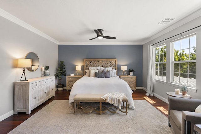6257 Alverton, Carlsbad, CA 92009 - bedroom featuring ornamental molding, dark wood-style flooring, and a ceiling fan