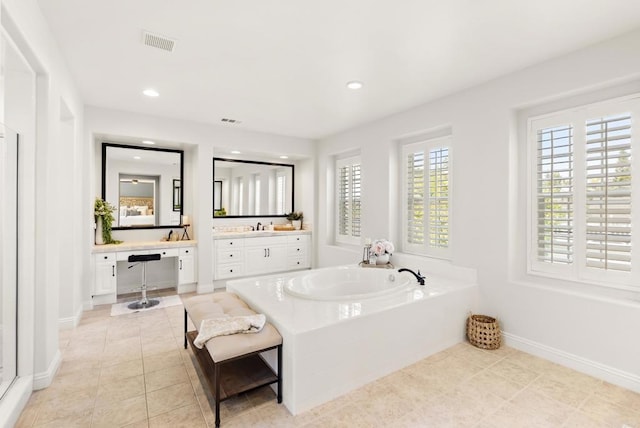 6257 Alverton, Carlsbad, CA 92009 - bathroom featuring a bath, vanity, tile patterned floors, and recessed lighting