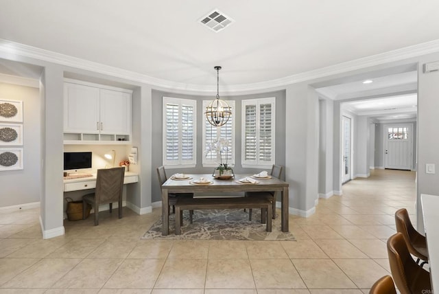 6257 Alverton, Carlsbad, CA 92009 - dining space featuring a chandelier, ornamental molding, light tile patterned floors, and a desk
