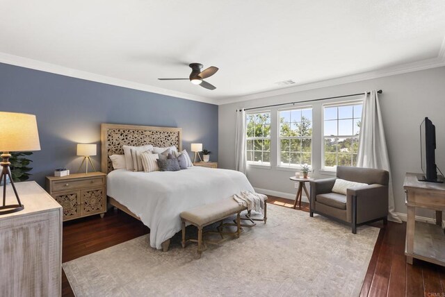 6257 Alverton, Carlsbad, CA 92009 - bedroom featuring ornamental molding, hardwood / wood-style floors, and a ceiling fan