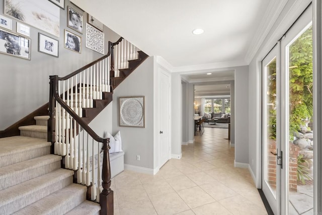 6257 Alverton, Carlsbad, CA 92009 - stairway with tile patterned flooring, recessed lighting, and crown molding