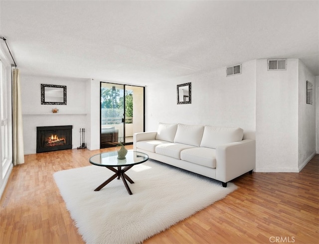 911 N Kings Rd Unit 310, West Hollywood, CA 90069 - living area featuring light wood-style flooring, a lit fireplace, and floor to ceiling windows