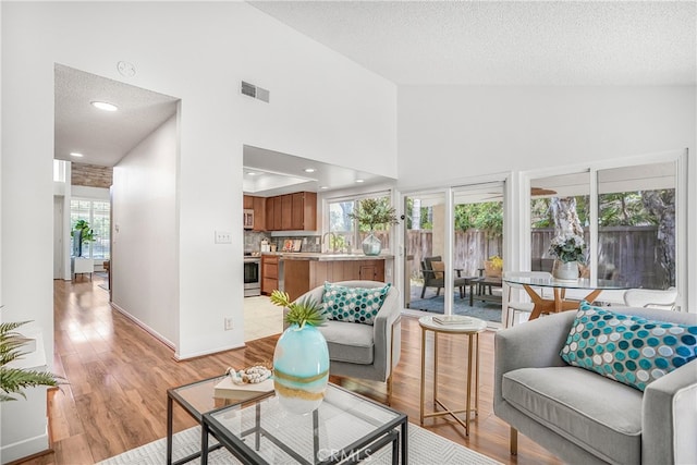 5022 Tamarack Way, Irvine, CA 92612 - living area with healthy amount of natural light, high vaulted ceiling, light wood-style flooring, and a textured ceiling