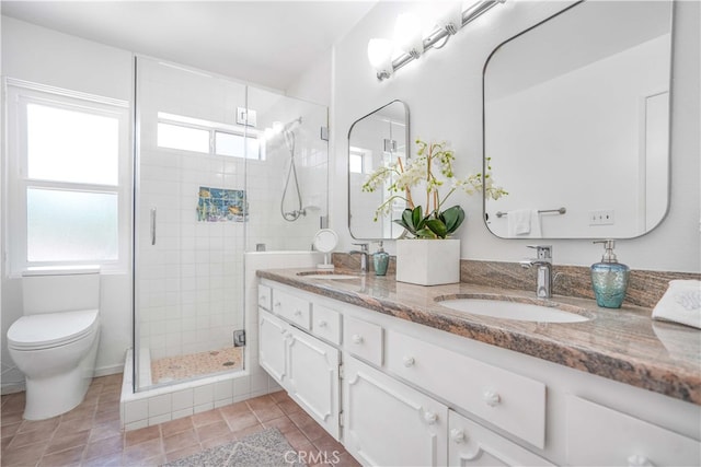 5022 Tamarack Way, Irvine, CA 92612 - full bath featuring double vanity, a shower stall, plenty of natural light, and tile patterned flooring