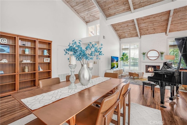 5022 Tamarack Way, Irvine, CA 92612 - dining space with a wooden ceiling with exposed beams, wood finished floors, a fireplace, and high vaulted ceiling
