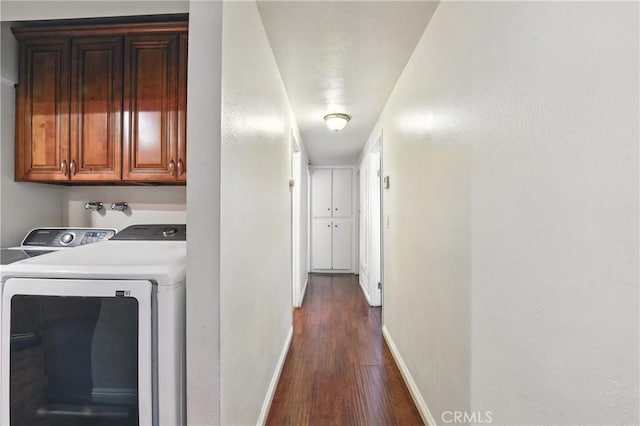 1459 Fredericks Ln, Upland, CA 91786 - laundry area featuring cabinet space, dark wood finished floors, and washing machine and clothes dryer