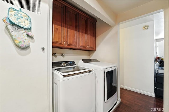 1459 Fredericks Ln, Upland, CA 91786 - laundry room with independent washer and dryer, dark wood-style floors, and cabinet space