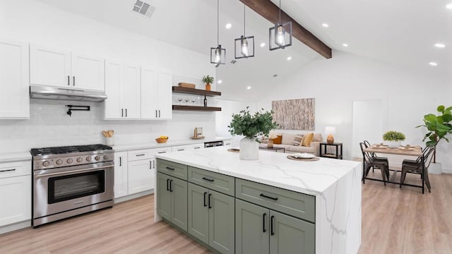 5122 Coban St, San Diego, CA 92114 - kitchen with high end stainless steel range, beam ceiling, green cabinetry, white cabinets, and light wood-type flooring