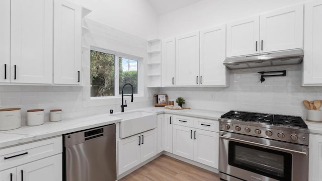 5122 Coban St, San Diego, CA 92114 - kitchen with appliances with stainless steel finishes, under cabinet range hood, white cabinetry, and decorative backsplash