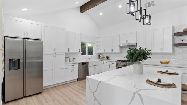 5122 Coban St, San Diego, CA 92114 - kitchen featuring appliances with stainless steel finishes, open shelves, beam ceiling, white cabinetry, and under cabinet range hood