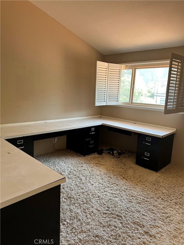 23135 Park Contessa, Calabasas, CA 91302 - unfurnished office with built in study area, lofted ceiling, and light carpet