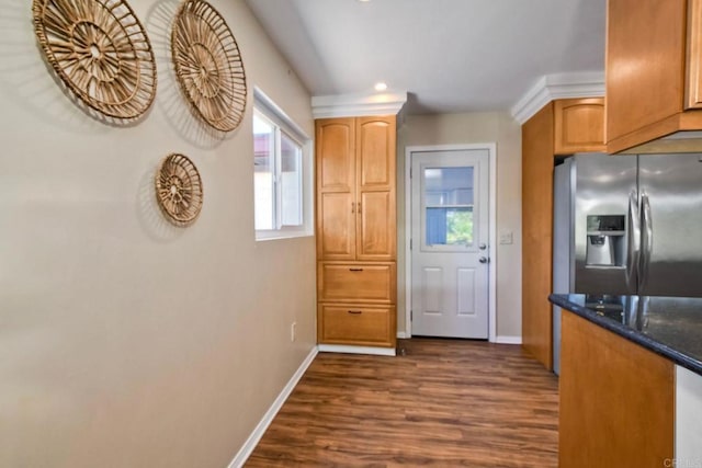 4110 Lewis St, Oceanside, CA 92056 - kitchen featuring stainless steel fridge, dark wood finished floors, dark stone counters, and recessed lighting