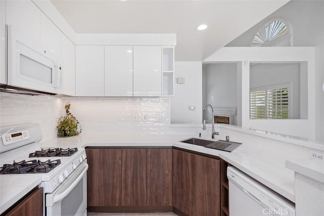 15 Havre Ct, Lake Forest, CA 92610 - kitchen featuring white appliances, modern cabinets, white cabinetry, decorative backsplash, and recessed lighting