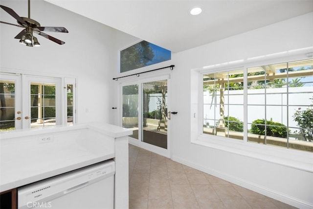 15 Havre Ct, Lake Forest, CA 92610 - kitchen featuring white dishwasher, light tile patterned floors, ceiling fan, french doors, and light countertops