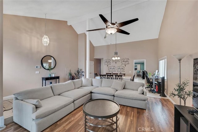 13329 Mission Tierra Way, Granada Hills, CA 91344 - living room with high vaulted ceiling, a ceiling fan, and wood finished floors