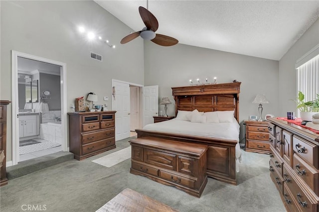13329 Mission Tierra Way, Granada Hills, CA 91344 - carpeted bedroom with ensuite bathroom, a ceiling fan, high vaulted ceiling, and a textured ceiling