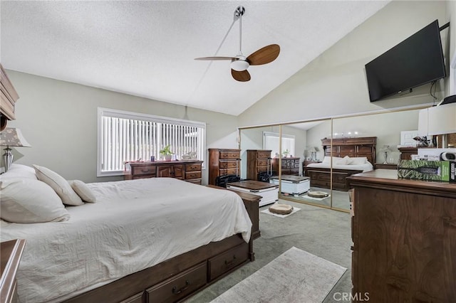 13329 Mission Tierra Way, Granada Hills, CA 91344 - bedroom with carpet flooring, multiple windows, high vaulted ceiling, a ceiling fan, and a textured ceiling