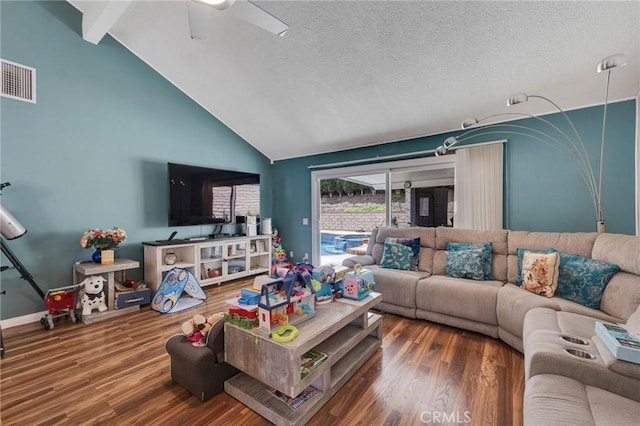 13329 Mission Tierra Way, Granada Hills, CA 91344 - living room featuring wood finished floors, ceiling fan, high vaulted ceiling, a textured ceiling, and beamed ceiling