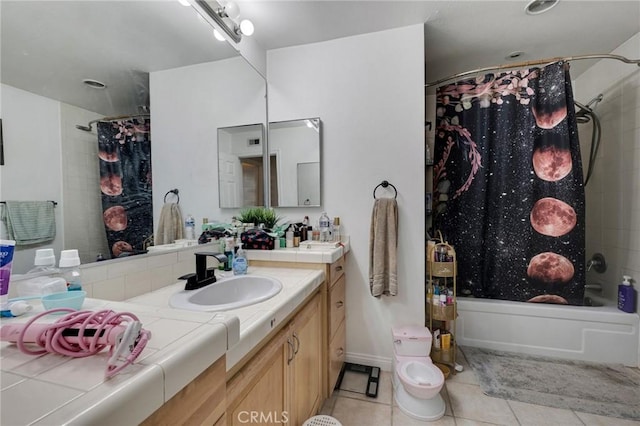 13329 Mission Tierra Way, Granada Hills, CA 91344 - bathroom with tile patterned flooring, shower / bath combo with shower curtain, and vanity