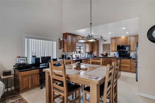 13329 Mission Tierra Way, Granada Hills, CA 91344 - dining area featuring a towering ceiling, light tile patterned floors, and recessed lighting