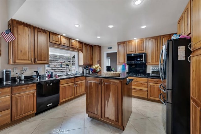 13329 Mission Tierra Way, Granada Hills, CA 91344 - kitchen with stainless steel appliances, dark countertops, recessed lighting, and light tile patterned floors